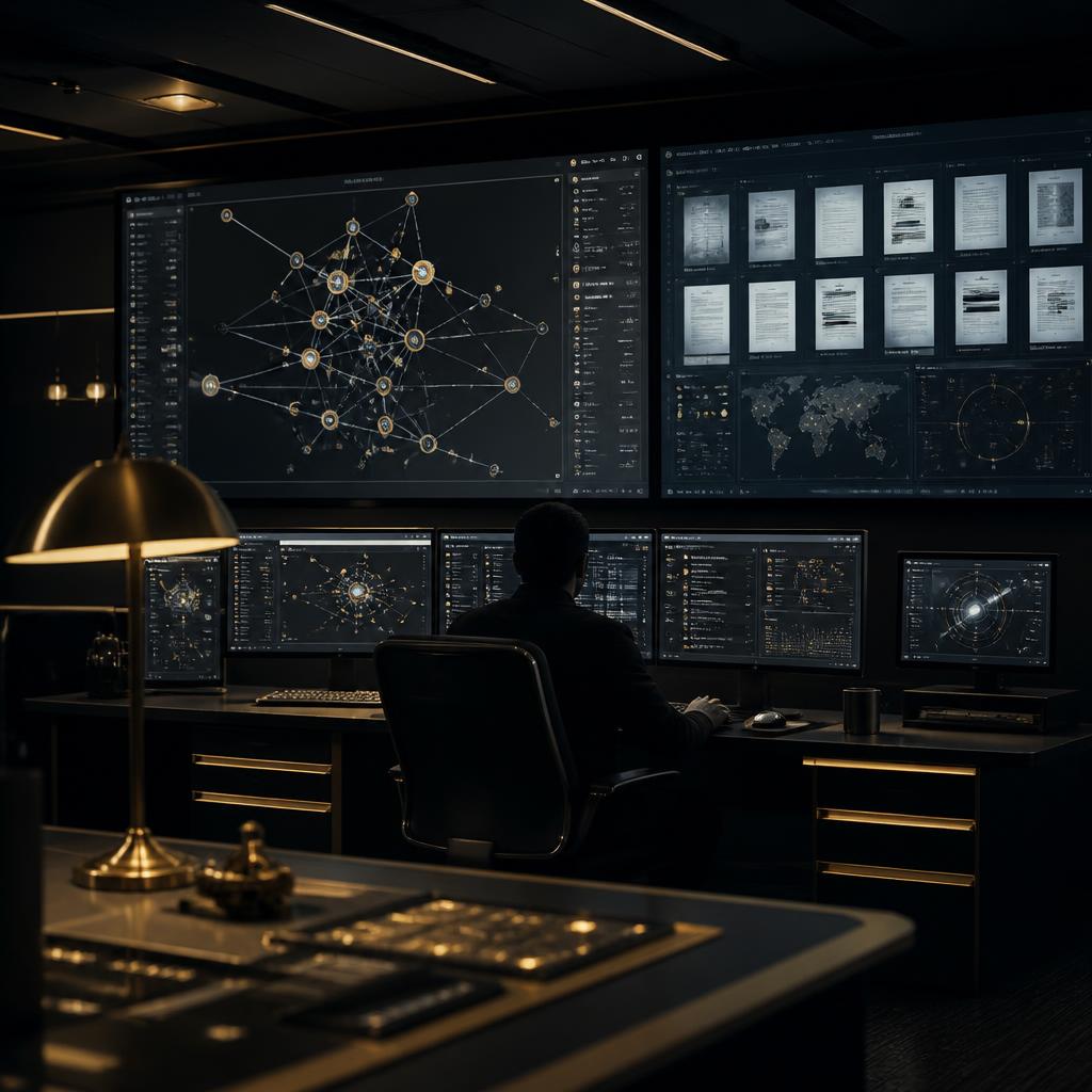 Investigation operations room with monitors showing financial anomaly scores
