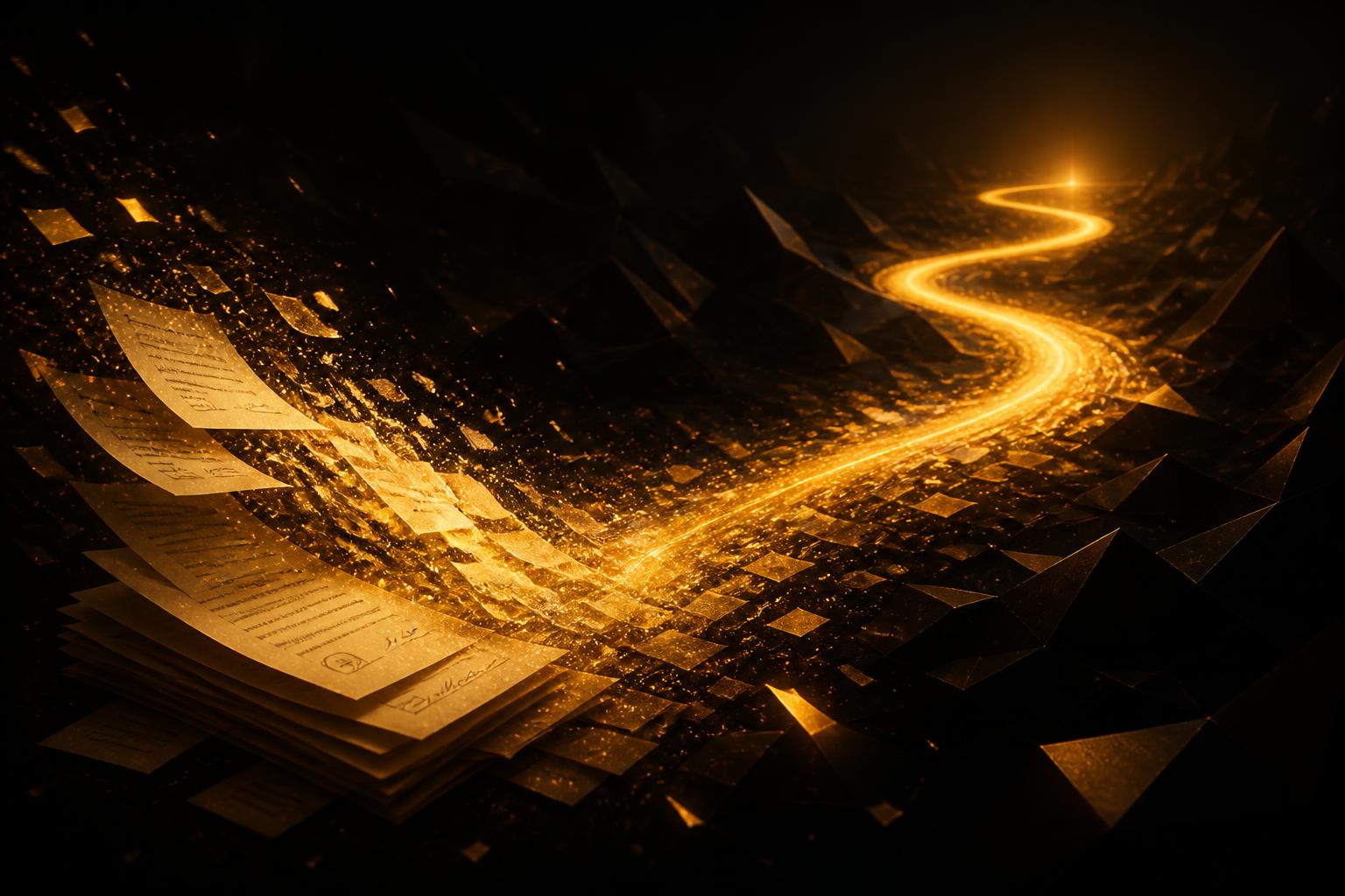 Abstract amber money trail across documents and ledgers