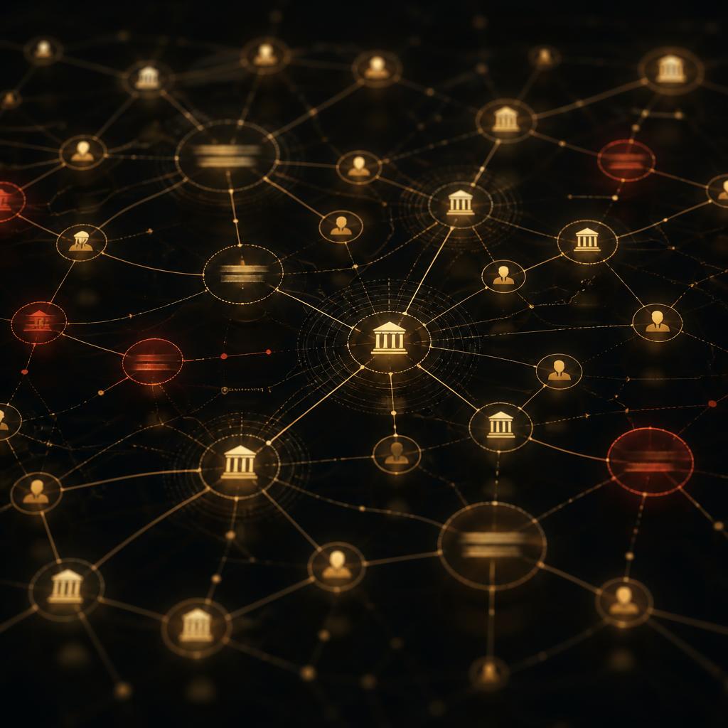 Abstract network diagram linking shell companies to a beneficial owner
