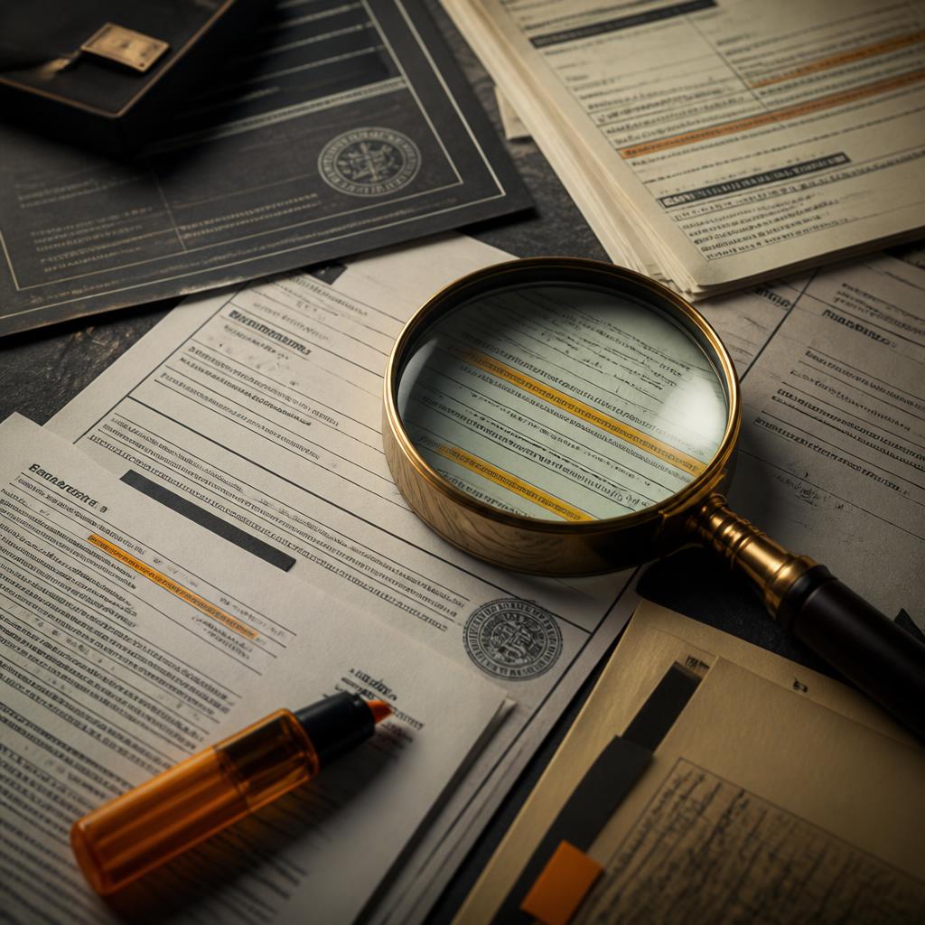 Deeds, UCC filings and court dockets spread under amber forensic light