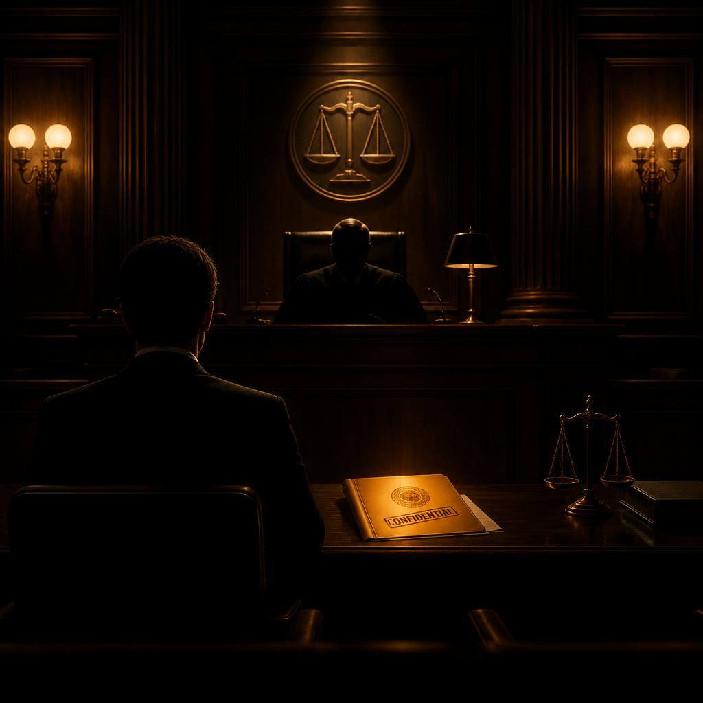 Dark courtroom bench with an amber-tinted evidence dossier